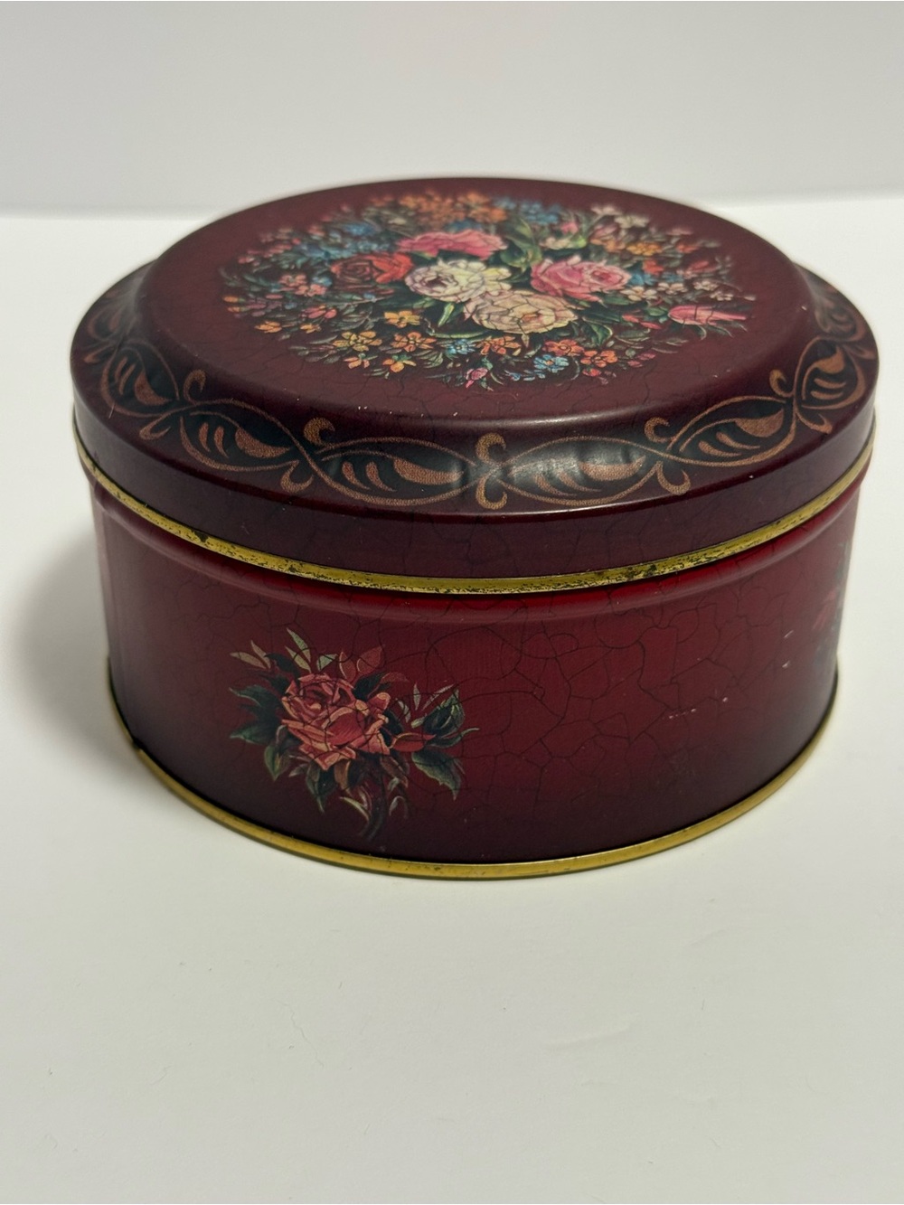 Vintage English Floral Metal Tin Barringer Wallis Manners Mansfield Crackle Red